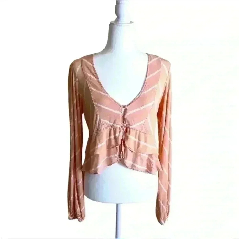 Free People Coral/White Stripe Scoop Neck Button Tiered Crop Peasant Top Size S - Picture 2 of 11